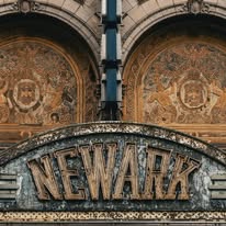 Historic Newark, New Jersey sign on an ornate building facade