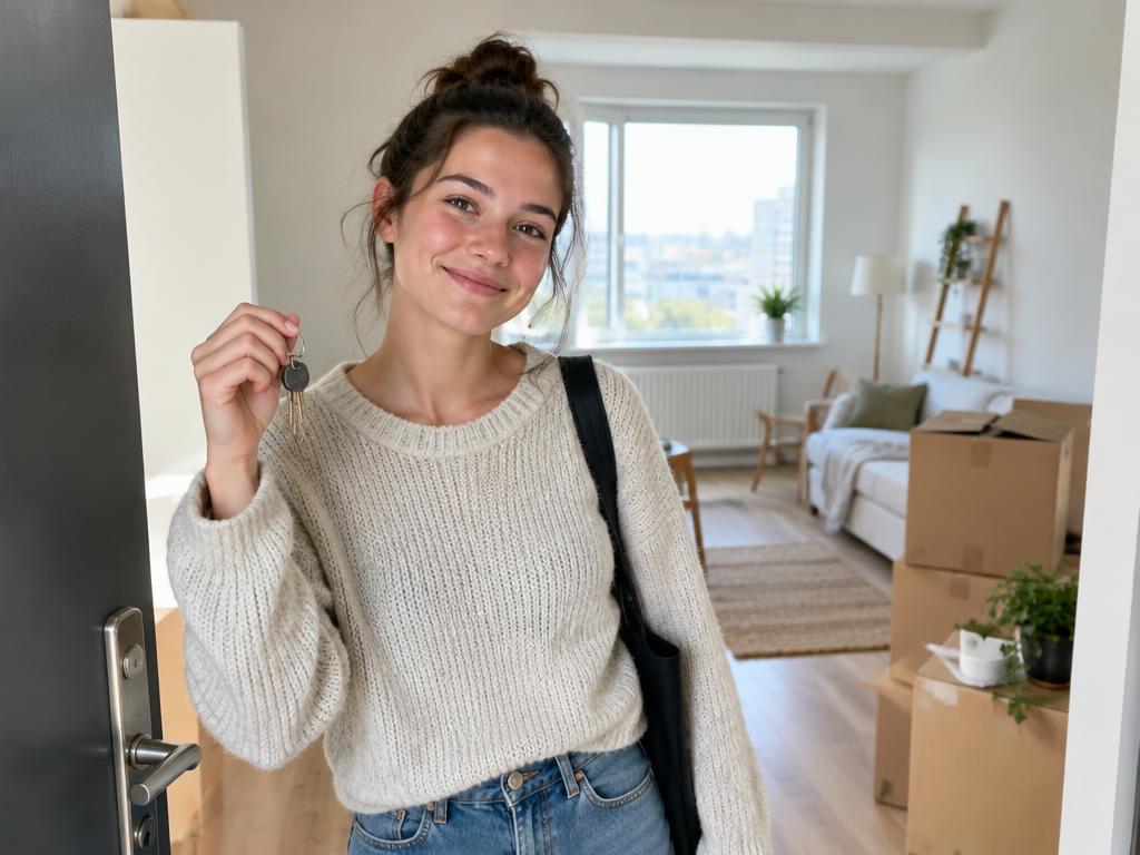 A young woman holding keys in the doorway of her first apartment