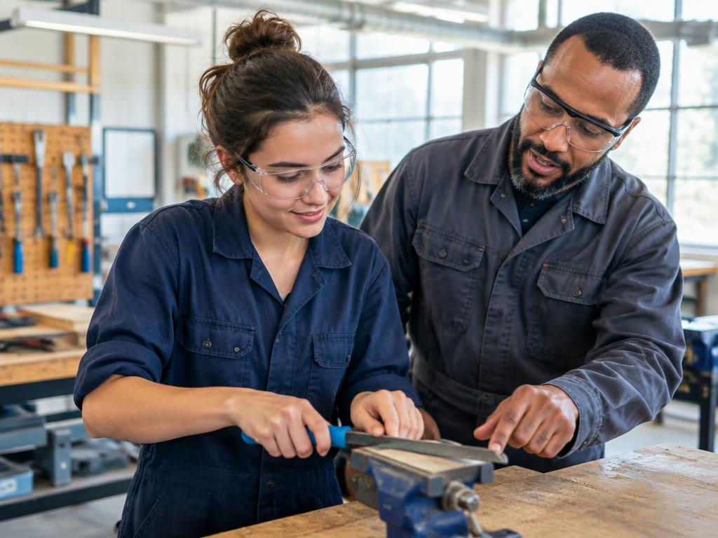 A young apprentice learning a trade from an instructor in a workshop